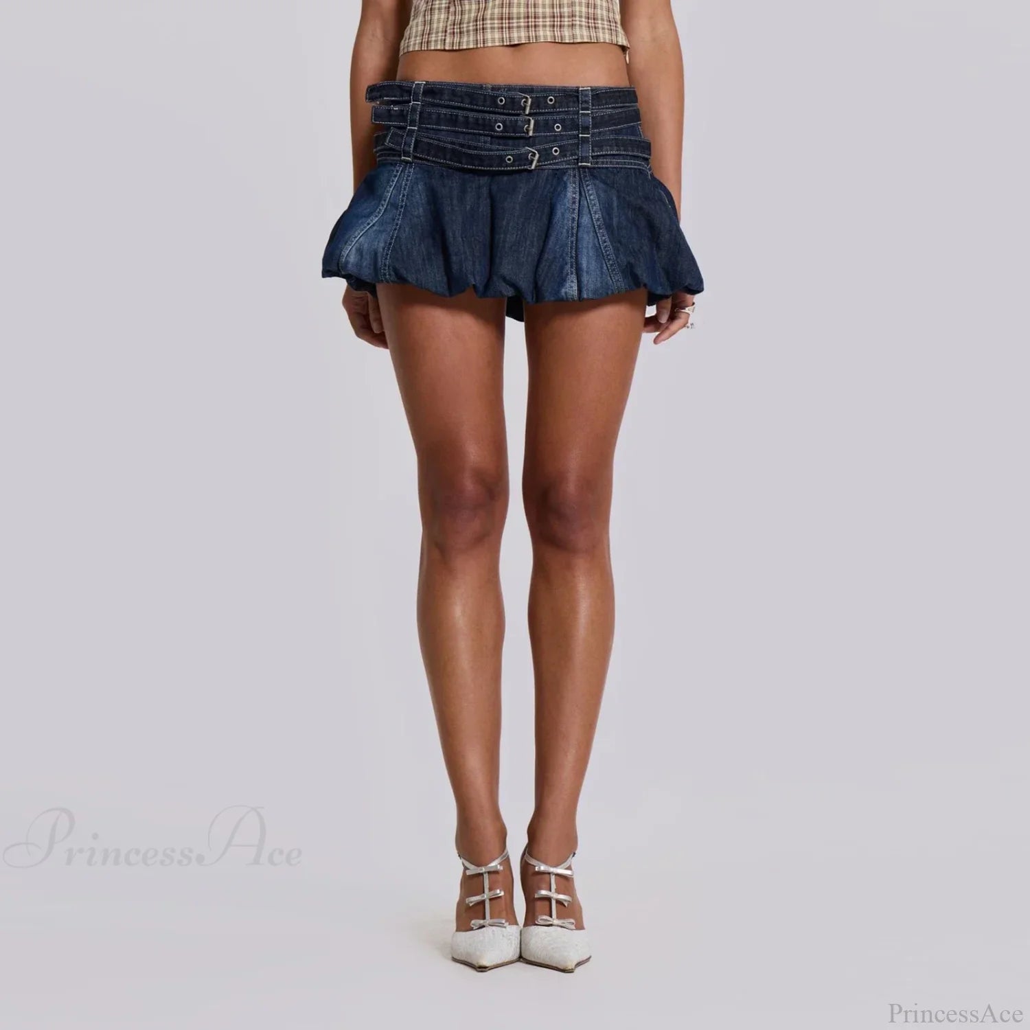Denim Ruffle Buckled Belted Skirt skirts-250223