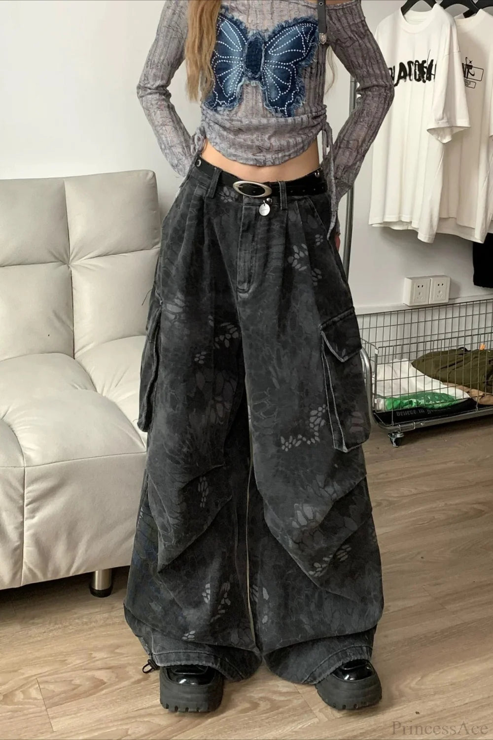 Denim Snake Camo Multi-Pocket Cargo Pants Black / S