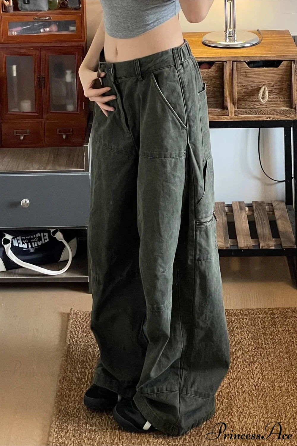 Denim Washed Distressed Loose Cargo Pants