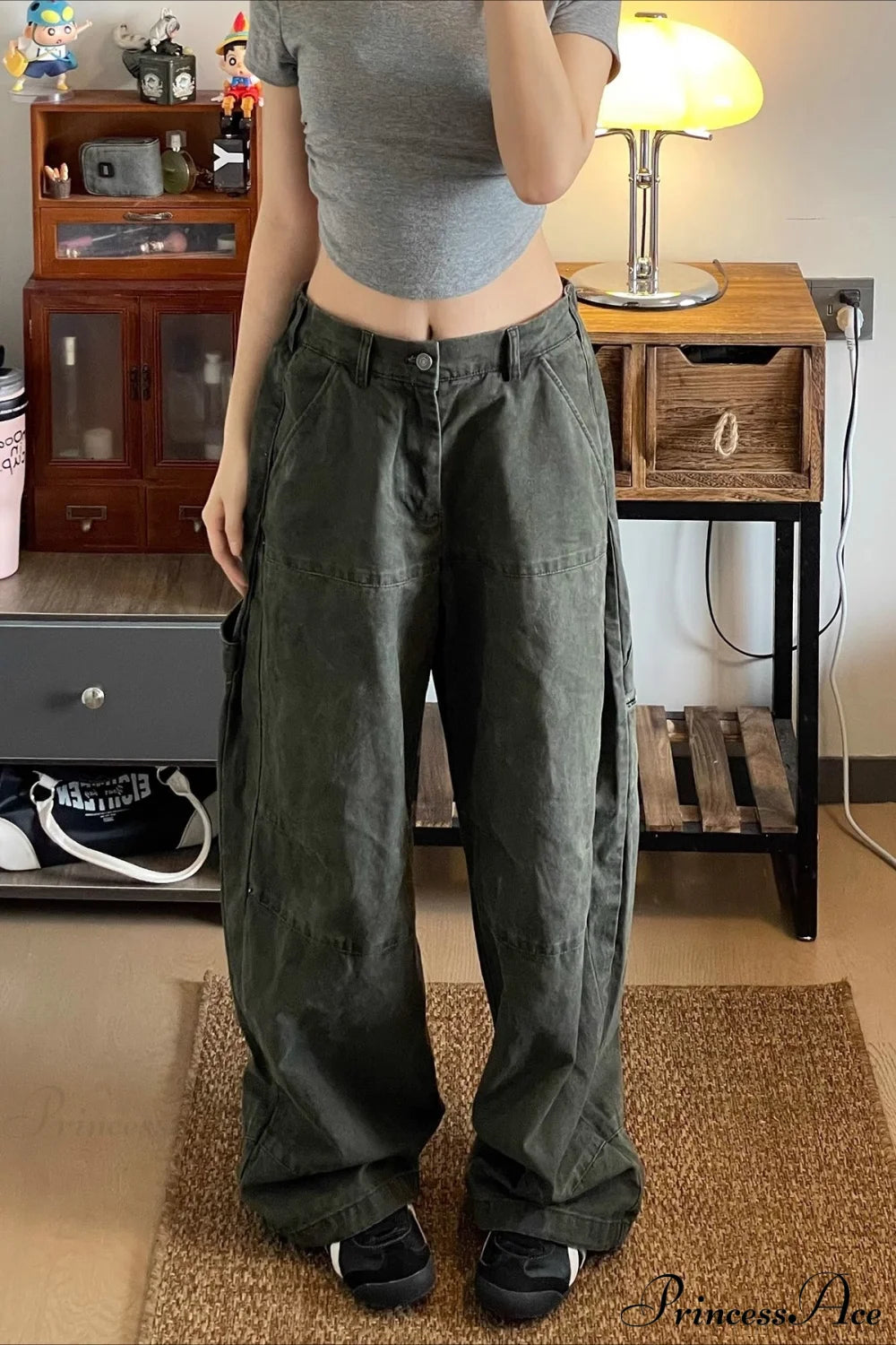 Denim Washed Distressed Loose Cargo Pants Green / S