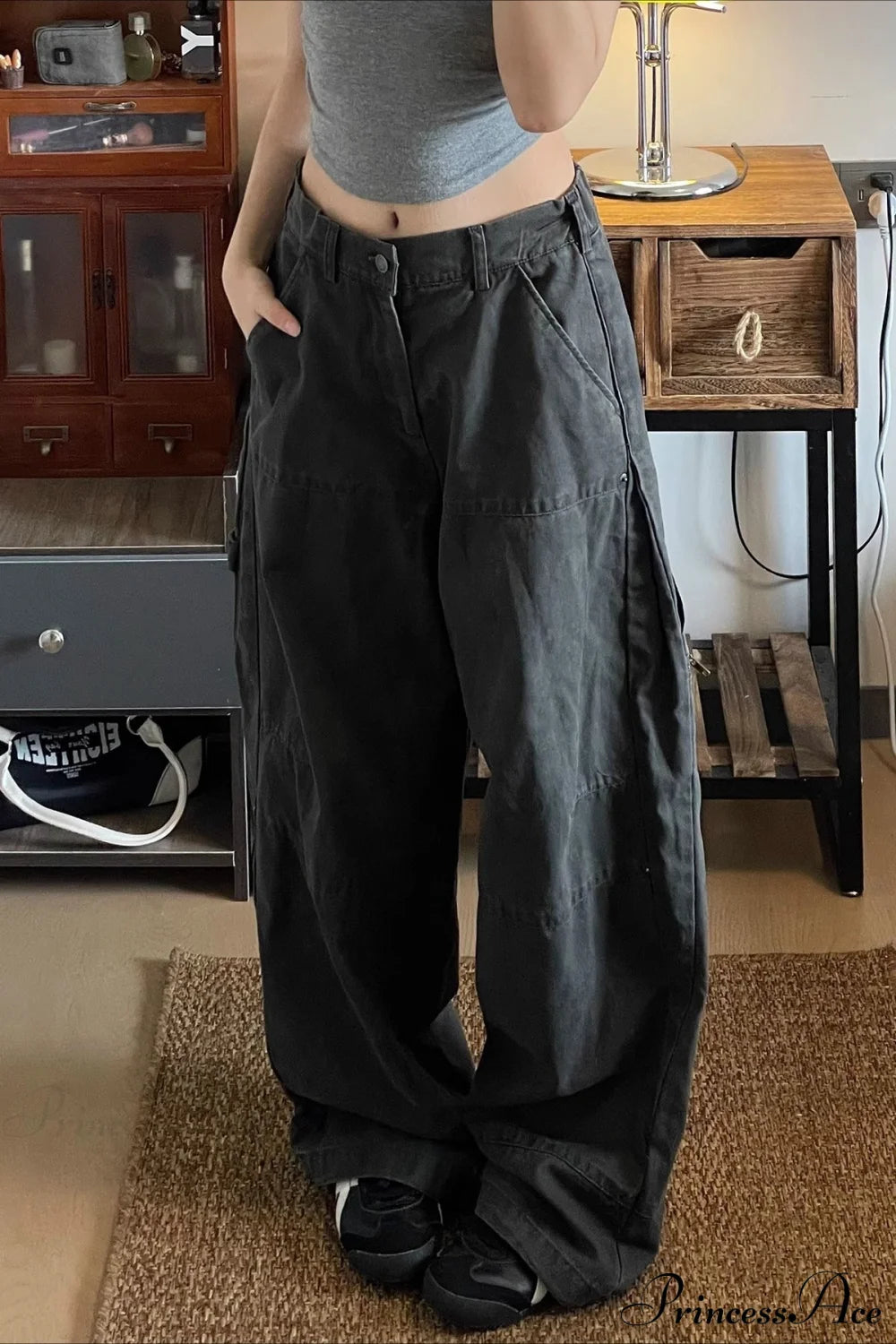 Denim Washed Distressed Loose Cargo Pants Grey / S