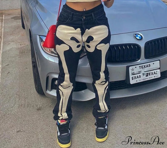 Design Baggy Waist Skeleton Streetwear Jeans Women’s Vintage Low Casual Outfits Black / S