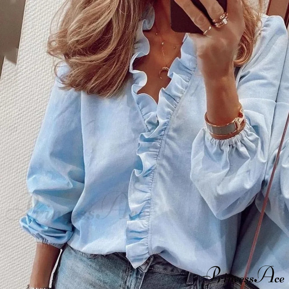 Design Blouse Office Bohemian V-Neck Arm Retro Slim Flowered Brief Women Ruffles Casual Lady Tops