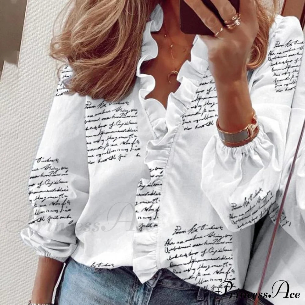 Design Blouse Office Bohemian V-Neck Arm Retro Slim Flowered Brief Women Ruffles Casual Lady Tops