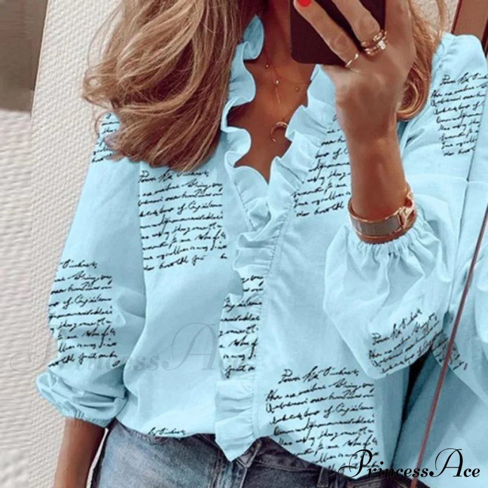 Design Blouse Office Bohemian V-Neck Arm Retro Slim Flowered Brief Women Ruffles Casual Lady Tops