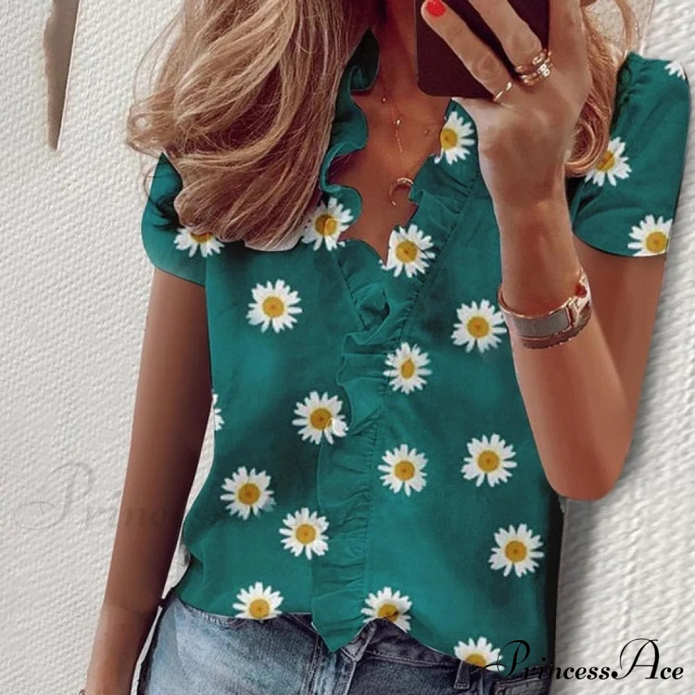 Design Blouse Office Bohemian V-Neck Arm Retro Slim Flowered Brief Women Ruffles Casual Lady Tops