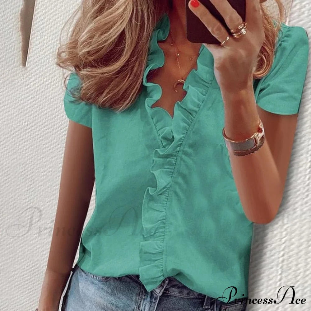 Design Blouse Office Bohemian V-Neck Arm Retro Slim Flowered Brief Women Ruffles Casual Lady Tops