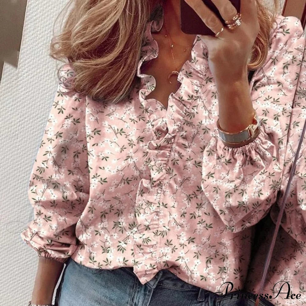Design Blouse Office Bohemian V-Neck Arm Retro Slim Flowered Brief Women Ruffles Casual Lady Tops
