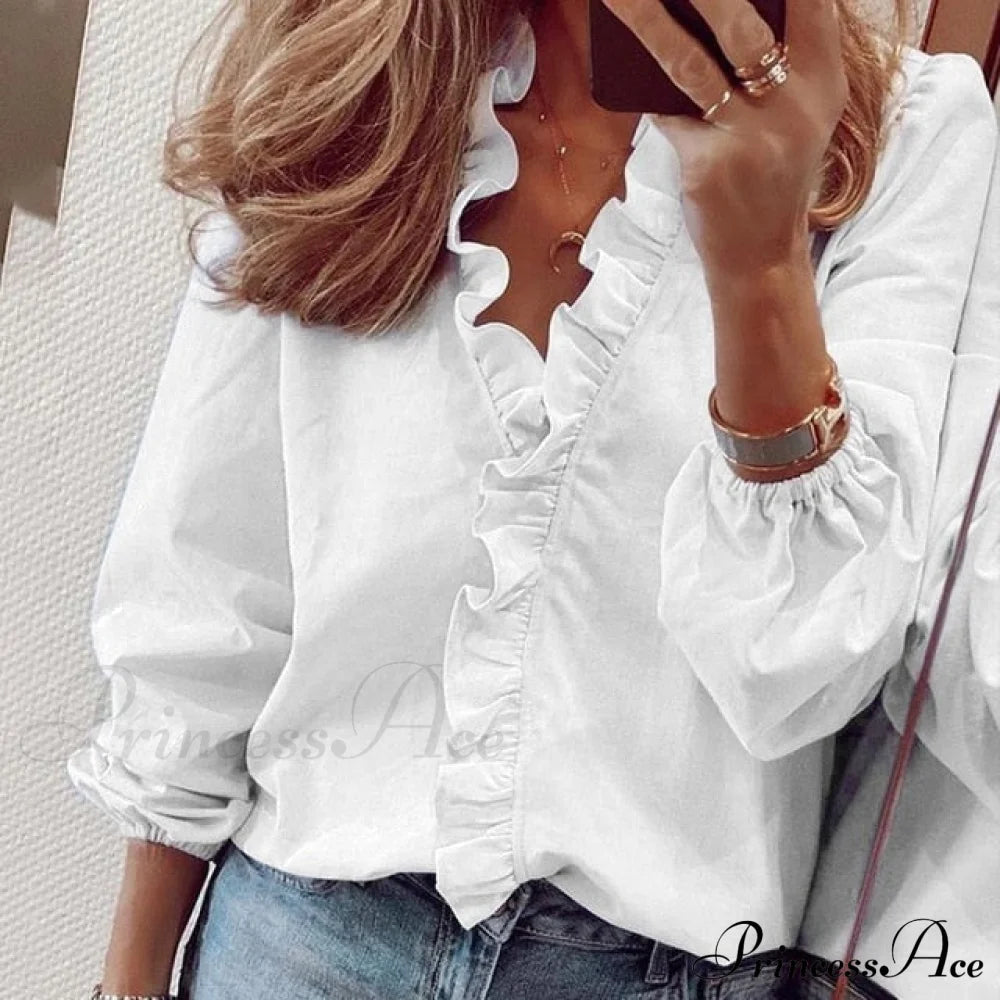 Design Blouse Office Bohemian V-Neck Arm Retro Slim Flowered Brief Women Ruffles Casual Lady Tops