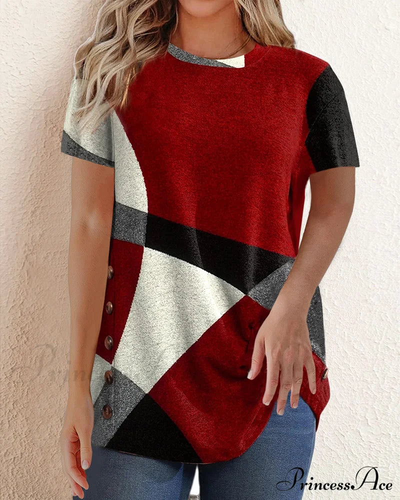 Contrast T-shirt with Geometric Print Red 23BF clothes Short Sleeve Tops T-shirts Tops/Blouses