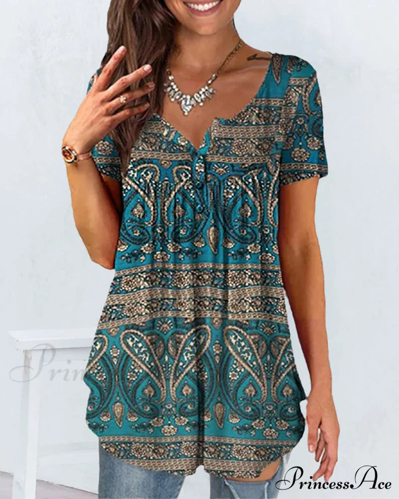 Graphic print loose fit T-shirt Cyan 23BF clothes Short Sleeve Tops Summer T-shirts Tops/Blouses