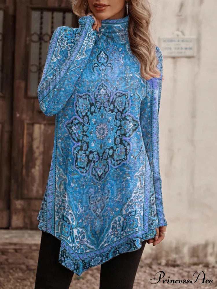 High collar bohemian print casual long sleeve Turtleneck Long Sweater T-shirt Pattern1 clothes long sleeve shirt long sleeve shirts long sleeve tops shirt tops Tops/Blouses turtleneck shirt turtleneck sweater