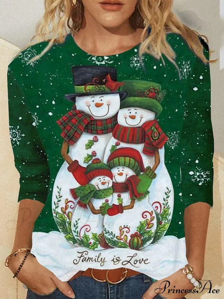 Design Neck With Long Christmas Weekend Reindeer - Snowman Round T-Shirt Basic And Arm Women’s