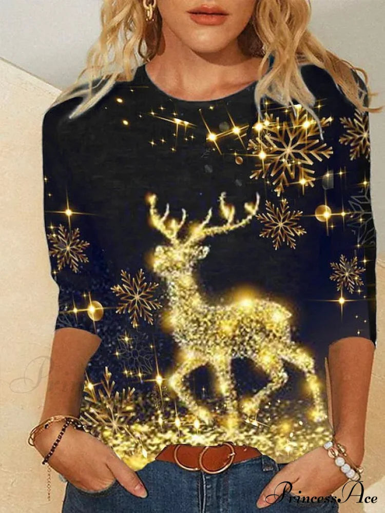 Design Neck With Long Christmas Weekend Reindeer - Snowman Round T-Shirt Basic And Arm Women’s