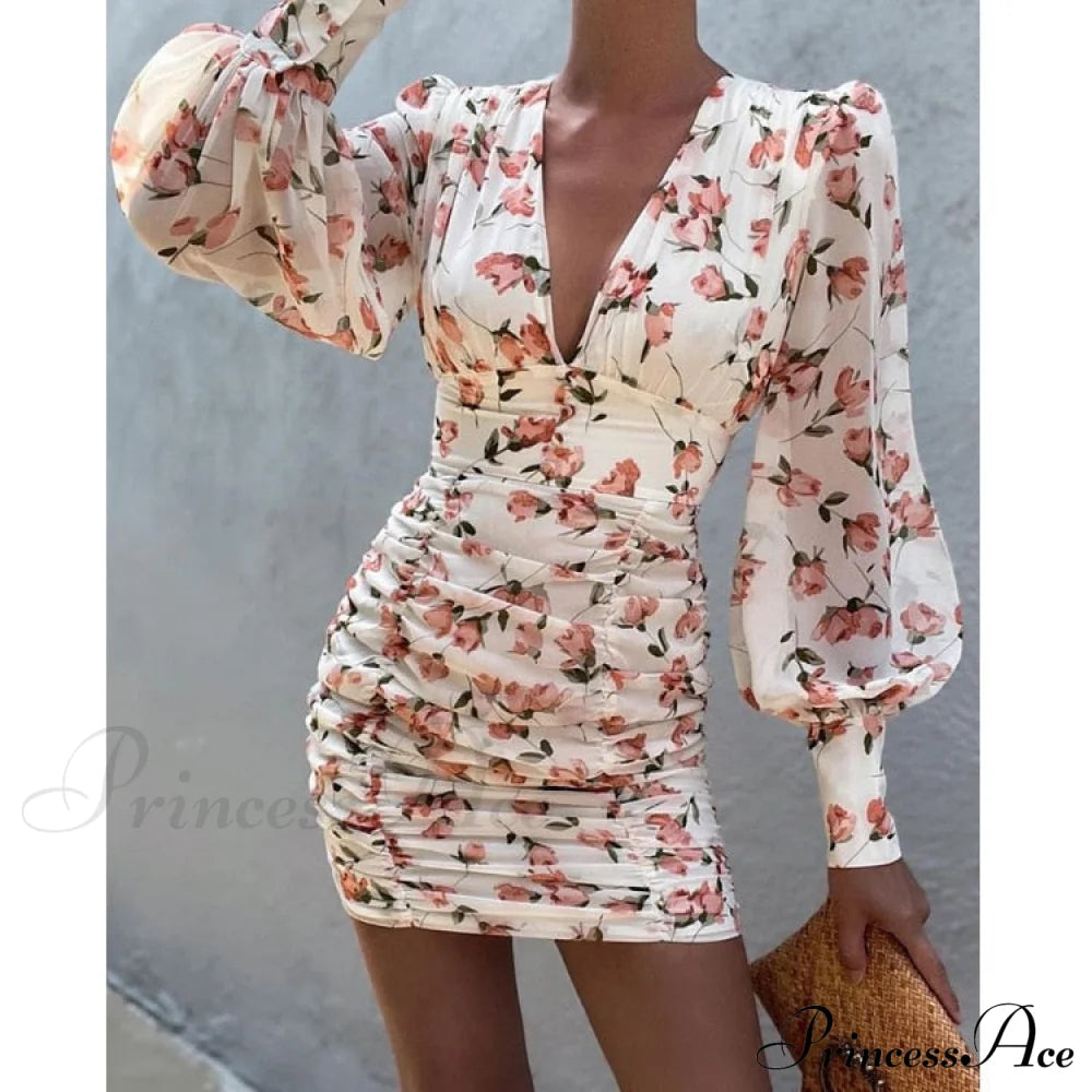 Design Party Bodycon Women’s Neck Deep Warm-Season Flowered Gown Lantern Arm Ruched - V Dress