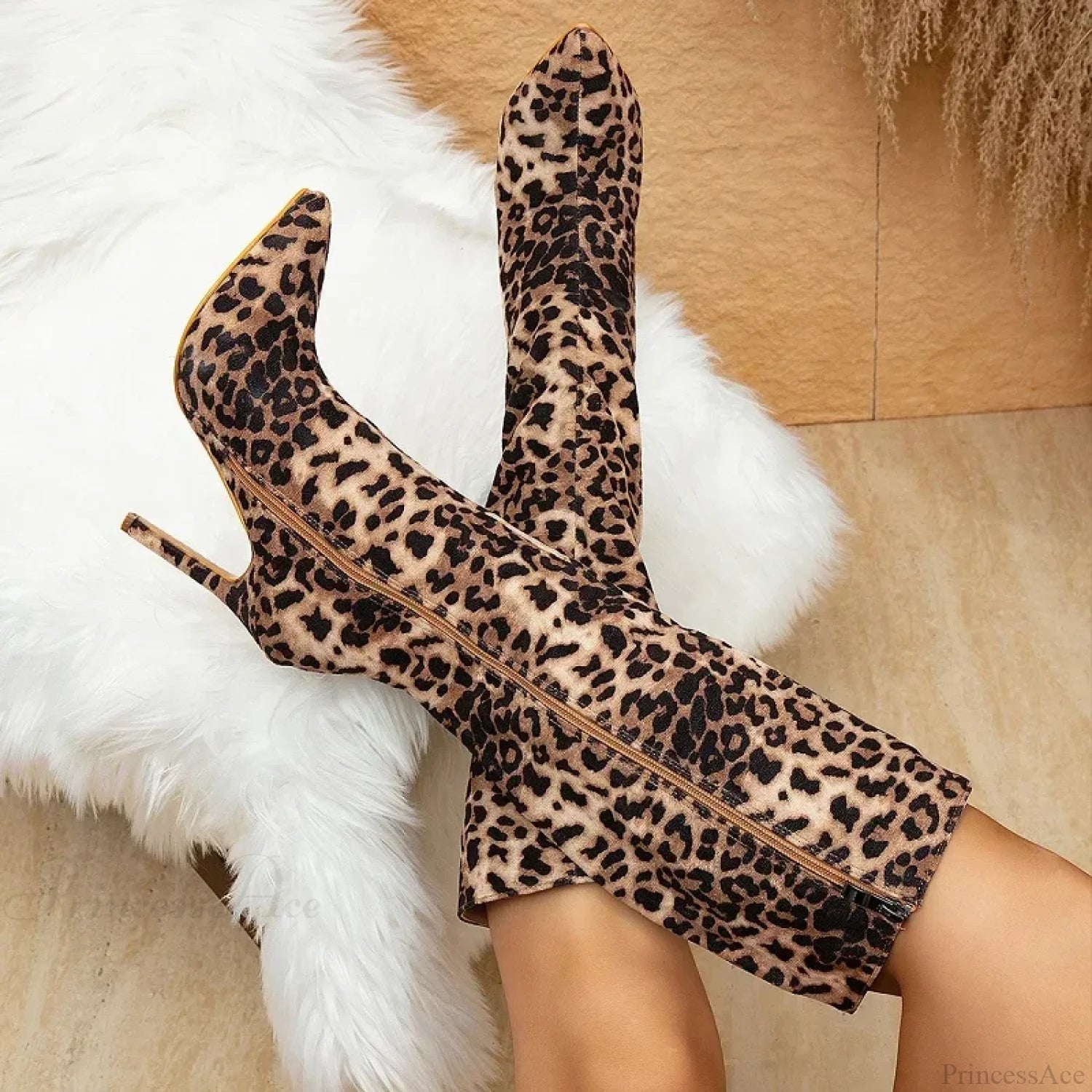 Design Pointed Thin High Heel Leopard Print Zipper Long Women Knee High Boot