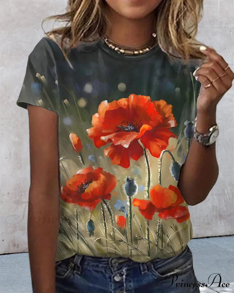 Design Round T-Shirt Flowered With Arm Brief Neck T-Shirts