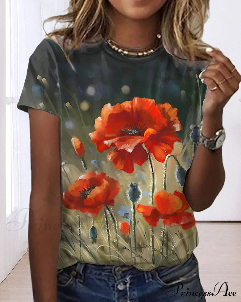 Design Round T-Shirt Flowered With Arm Brief Neck T-Shirts