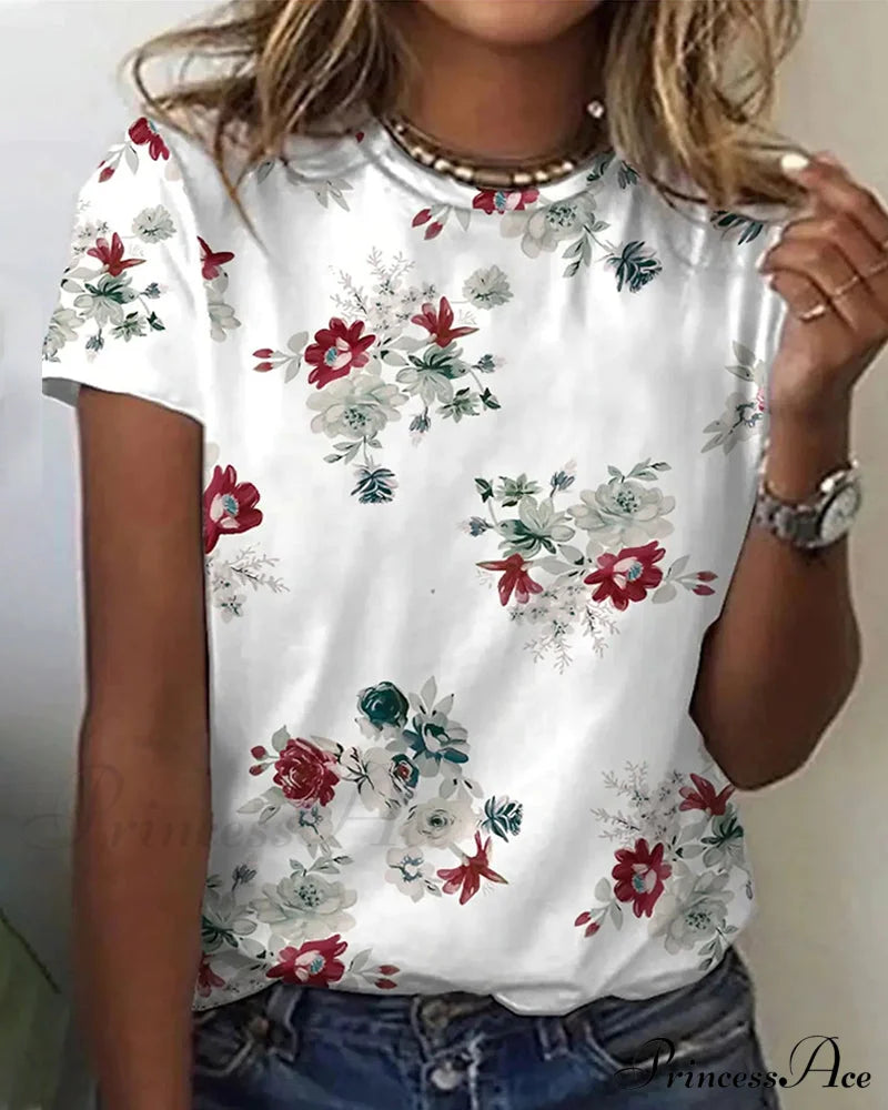 Round neck floral print short sleeve t-shirt White 23BF clothes Short Sleeve Tops Summer T-shirts Tops/Blouses