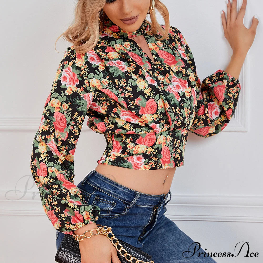 Design Waist Flowered Smocked Blouse
