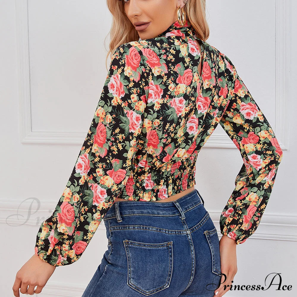 Design Waist Flowered Smocked Blouse