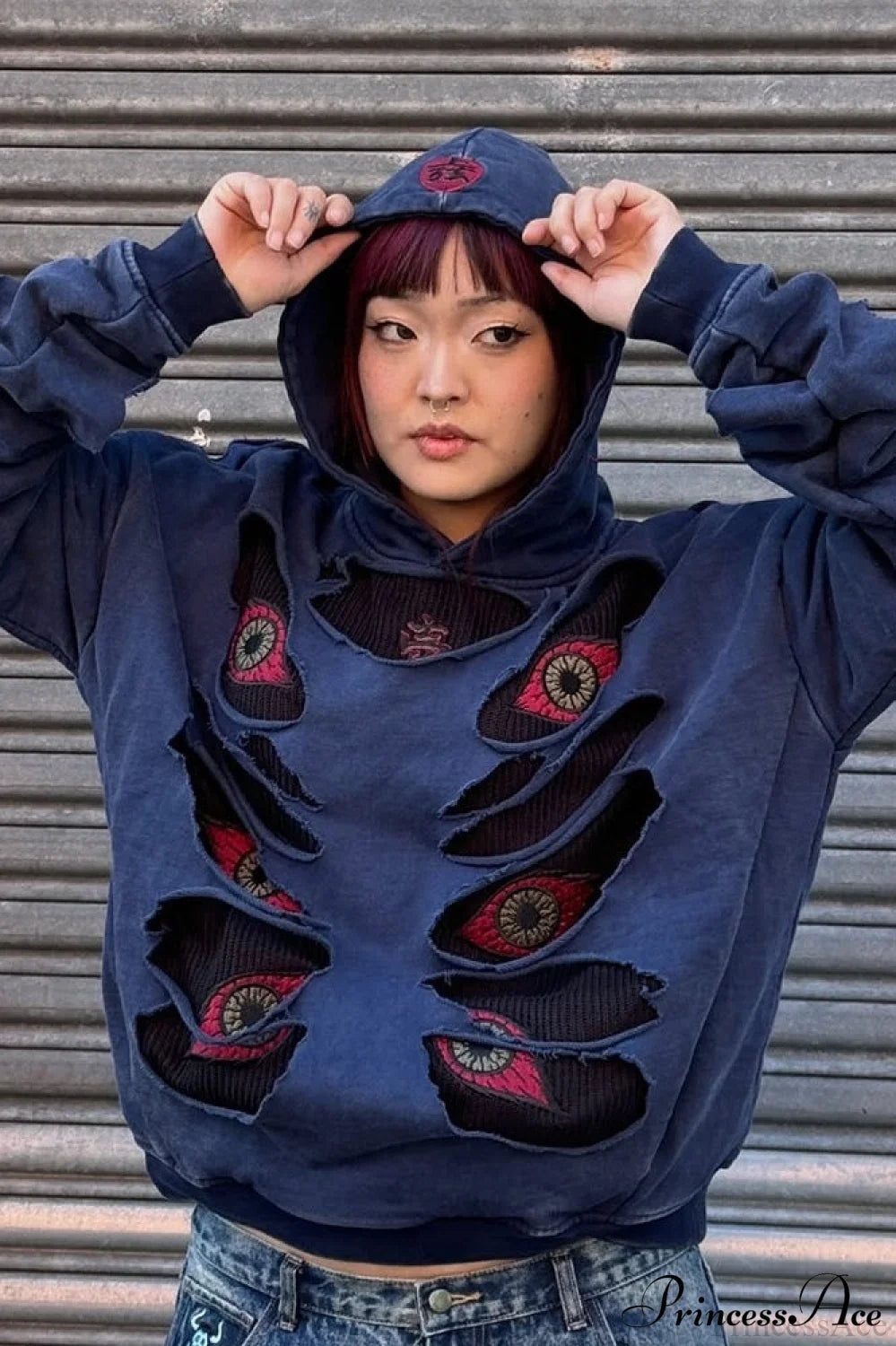 Devil Eye Ripped Embroidered Vintage Hoodie