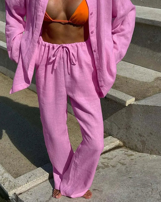 Ensemble deux pièces de bureau avec pantalon simple boutonnage en coton rose