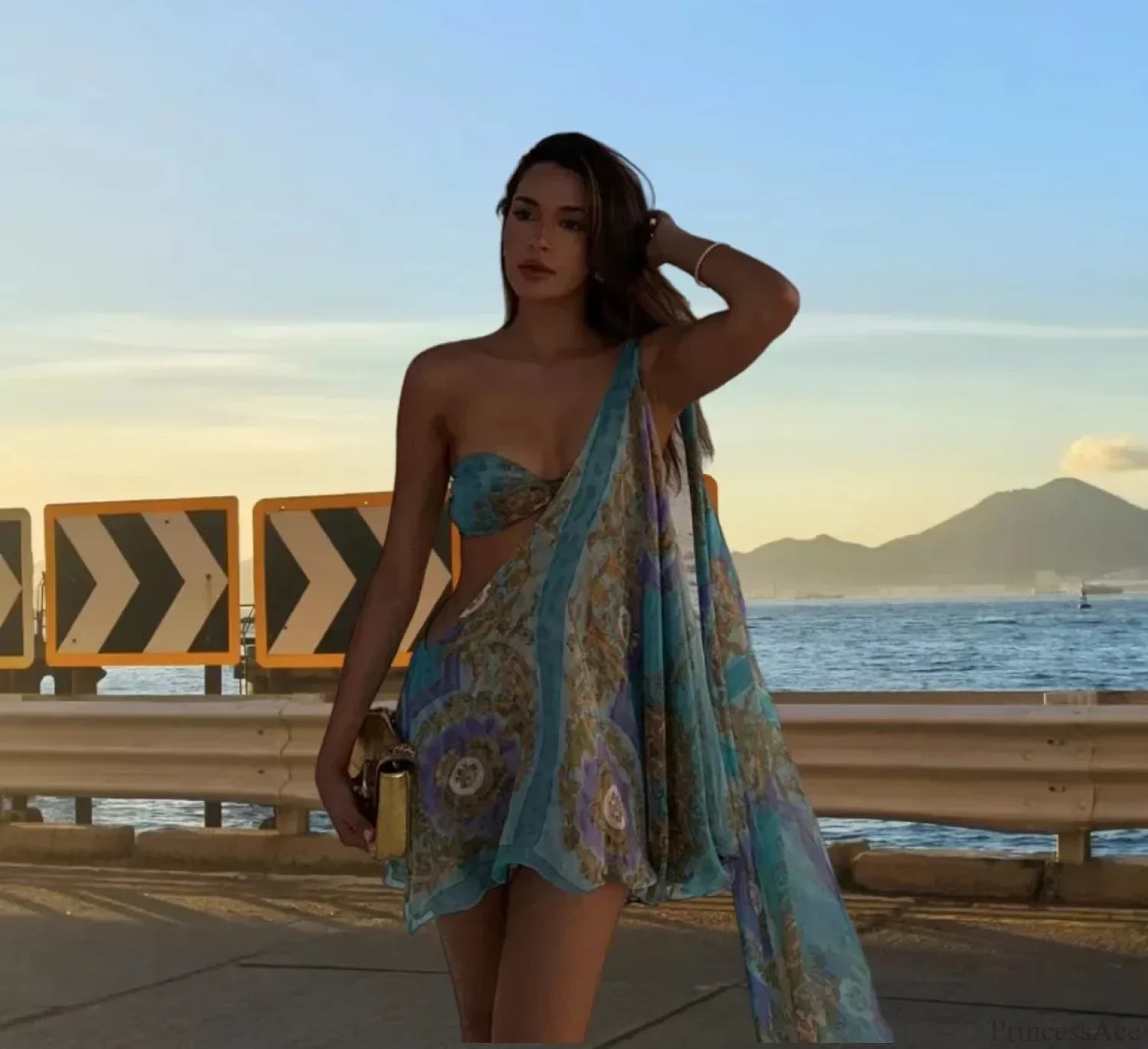 Diagonal Shoulder Mesh Mini Dress Blue / S minidress-250223