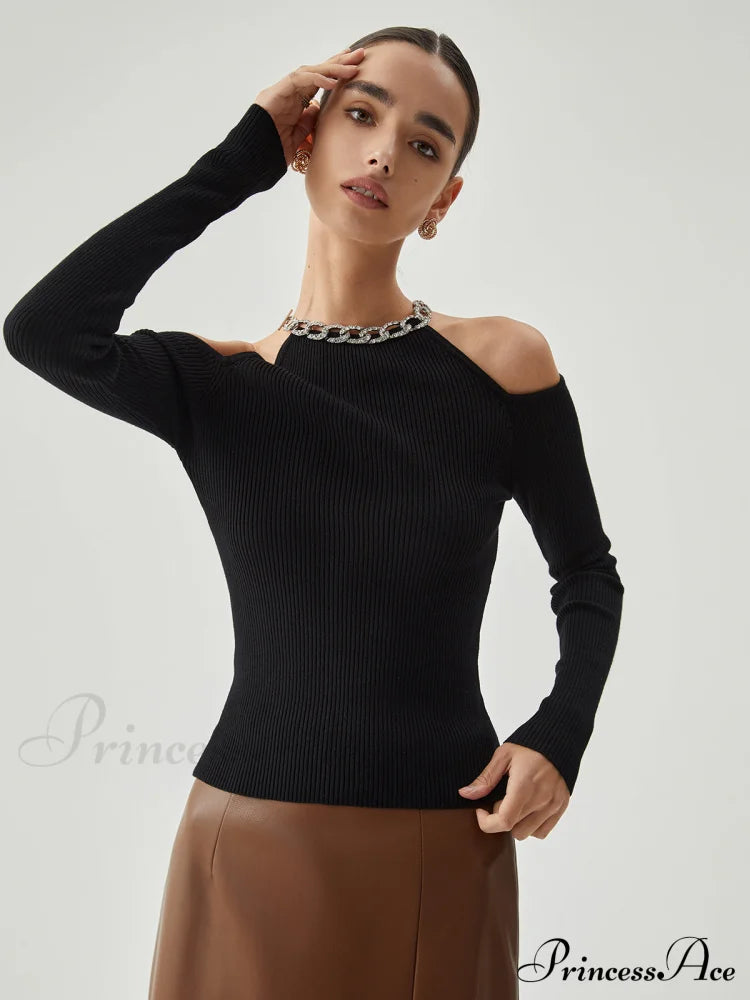 Diamante Neckline Cutout Trendy Long Sleeve Knit Top Sweaters-L