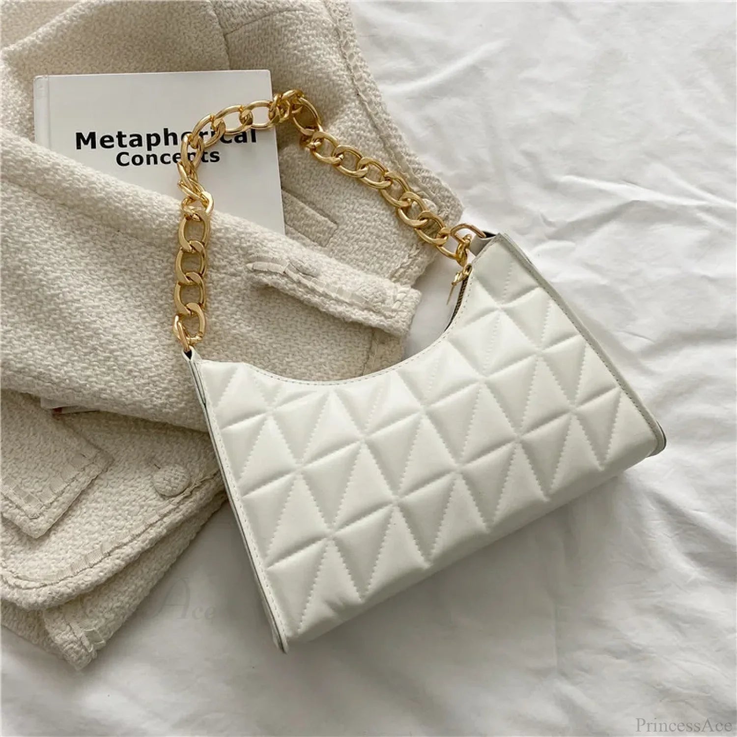Diamond Pattern PU Leather Chain Shoulder Handbag White handbag-250126