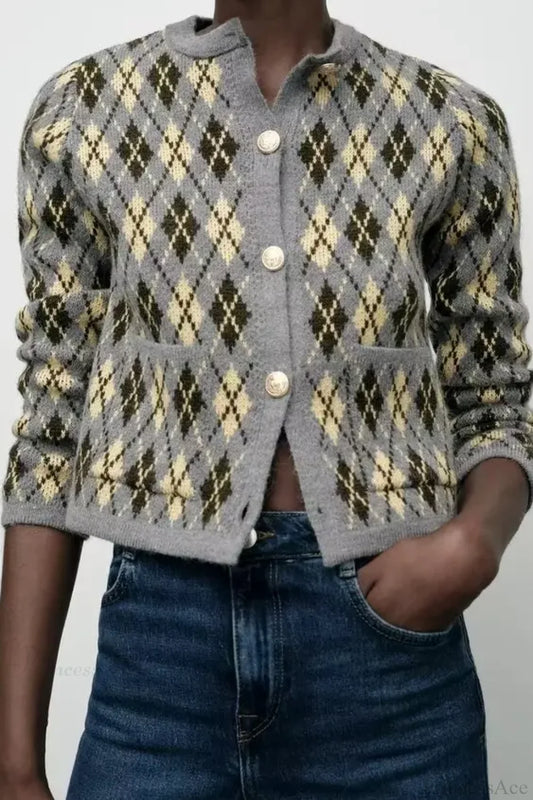 Diamond Pattern Round Neck Knitted Cardigan Yellow / S