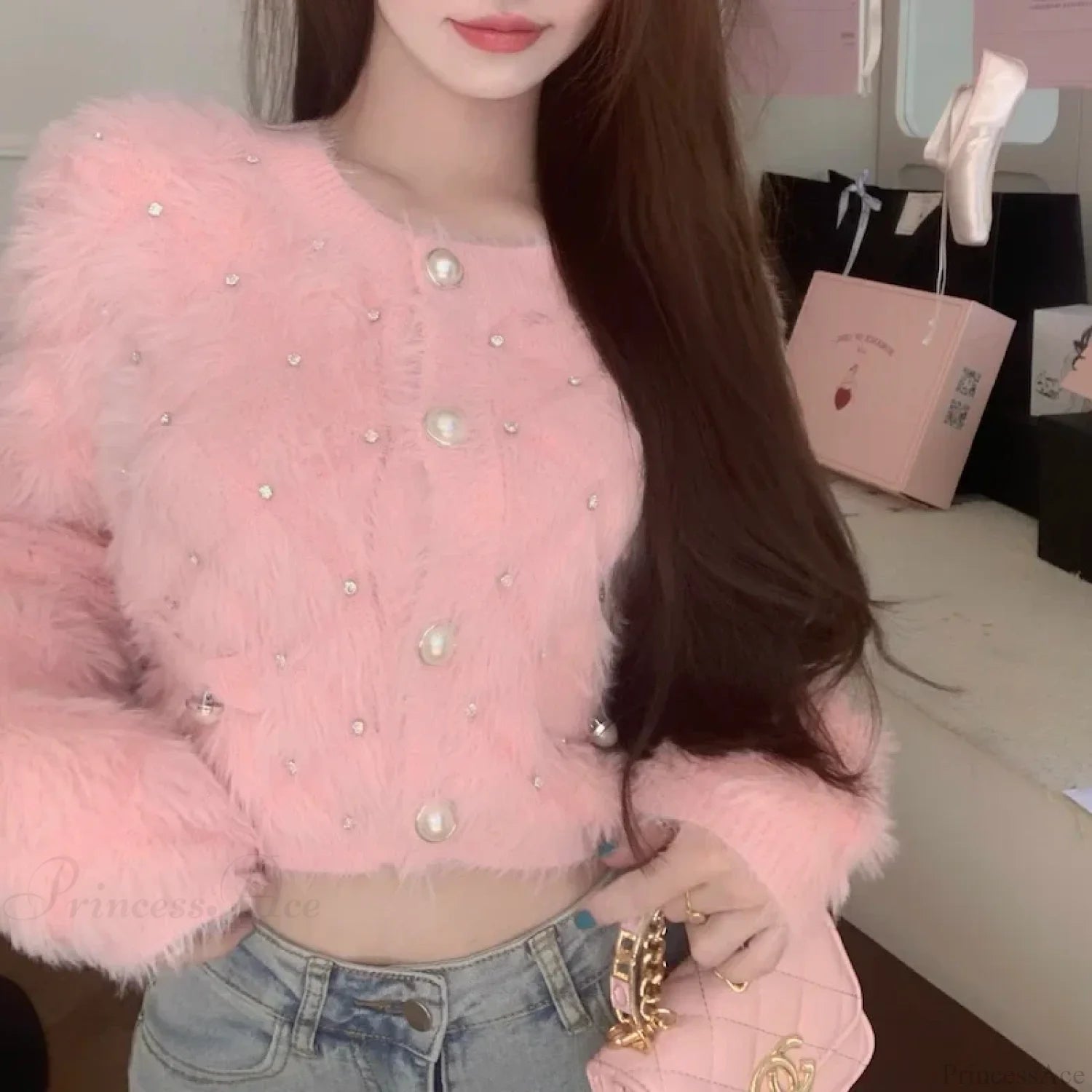 Diamond Pink Plush Knit Cardigan Cardigan-241208