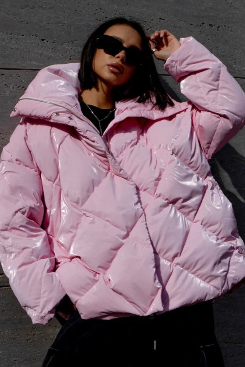 Diamond Quilted Matte Shiny Oversized Wide Lapel Coat