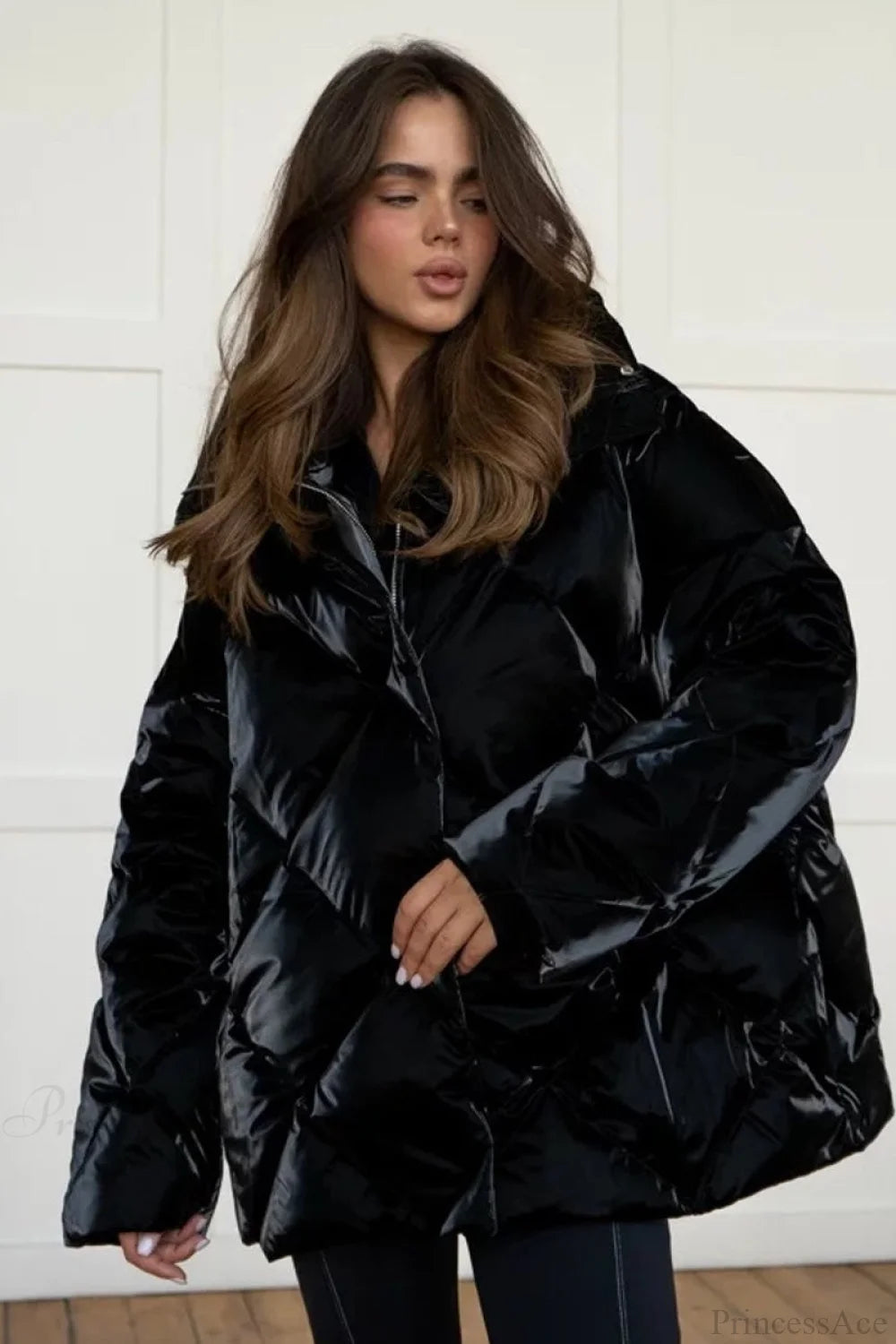 Diamond Quilted Matte Shiny Oversized Wide Lapel Coat