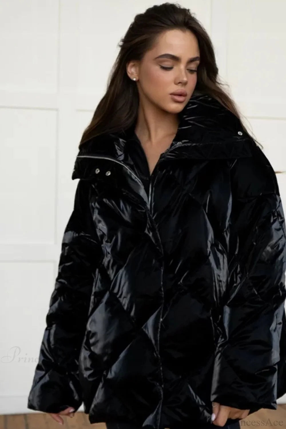 Diamond Quilted Matte Shiny Oversized Wide Lapel Coat Black / S