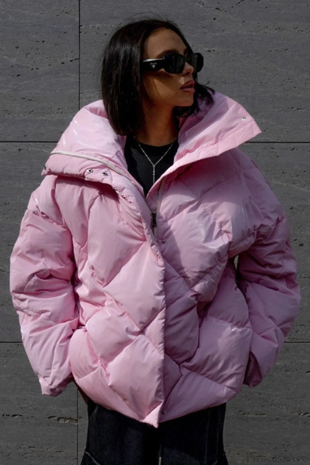 Diamond Quilted Matte Shiny Oversized Wide Lapel Coat Pink / S