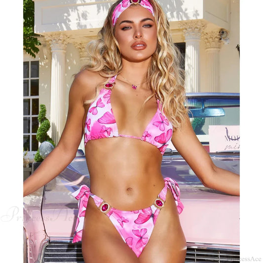 Diamonds Patchwork Halter Bikini Set pink1 / S