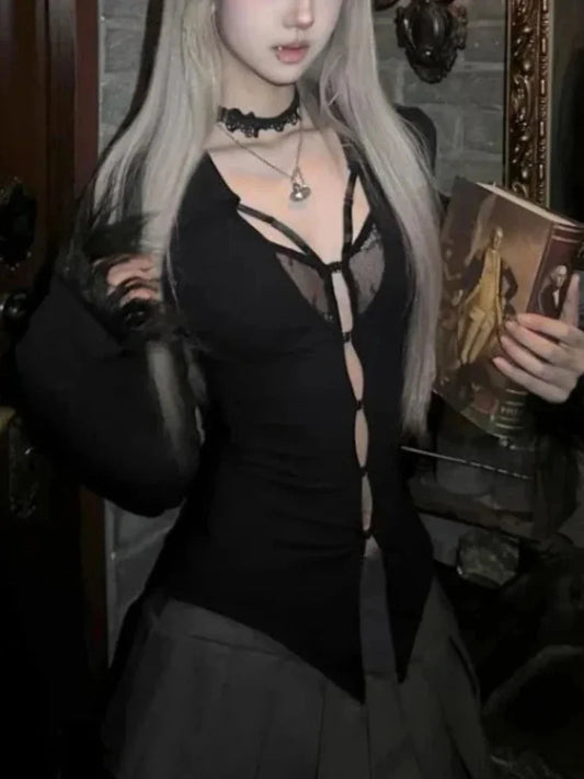 Dirty Gothic Black V-neck Lace Blouse black / S