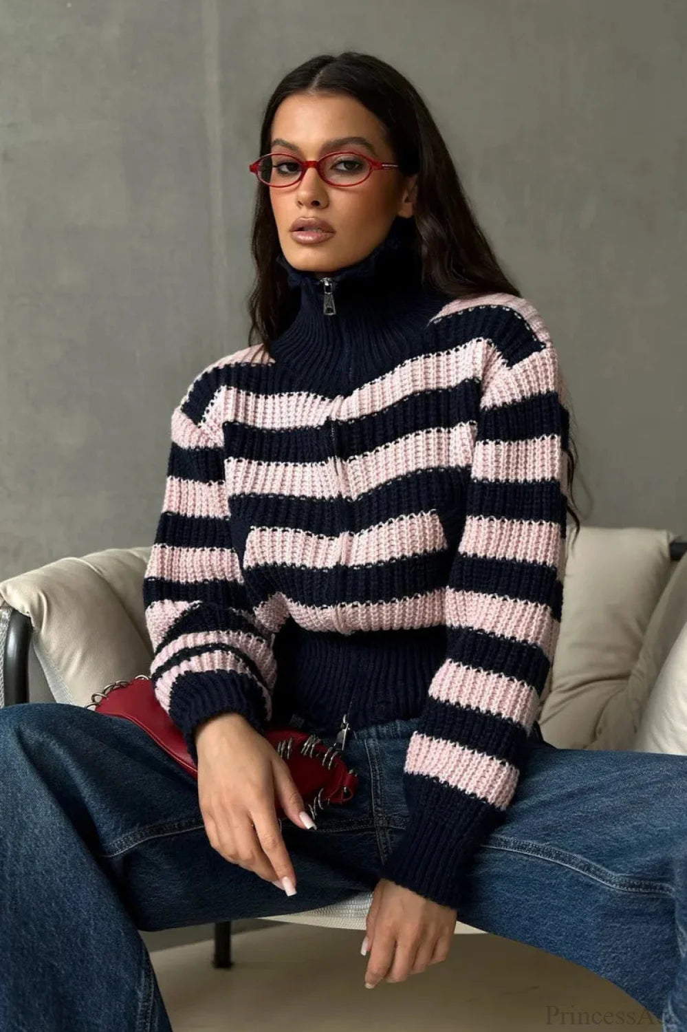 Distressed Color Block Striped Zip Cardigan