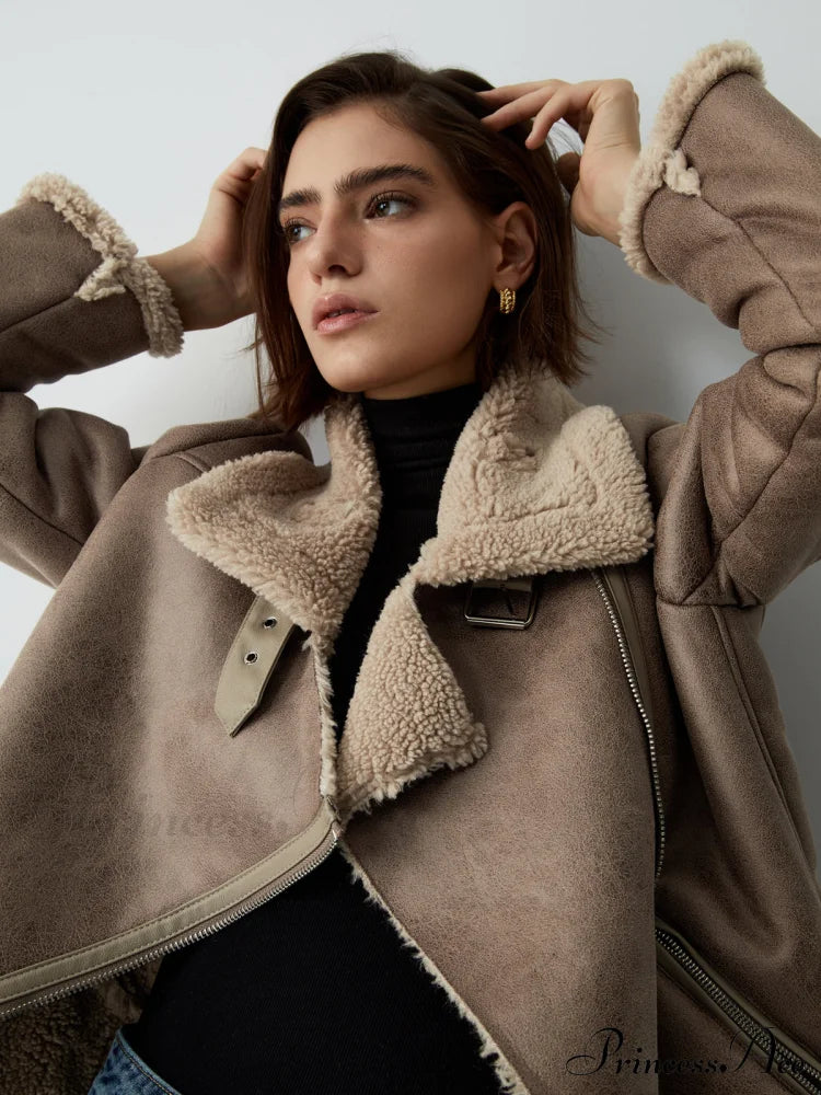 Distressed Leather Graceful Fleece Aviator Jacket Jackets