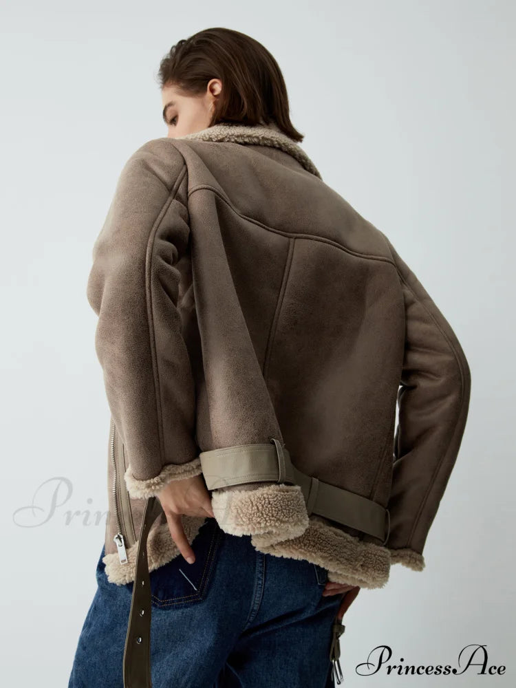 Distressed Leather Graceful Fleece Aviator Jacket Jackets