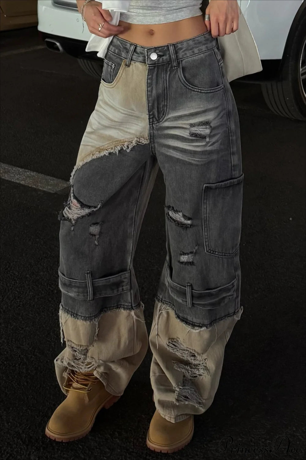 Distressed Patchwork Straight Wide Leg Jeans