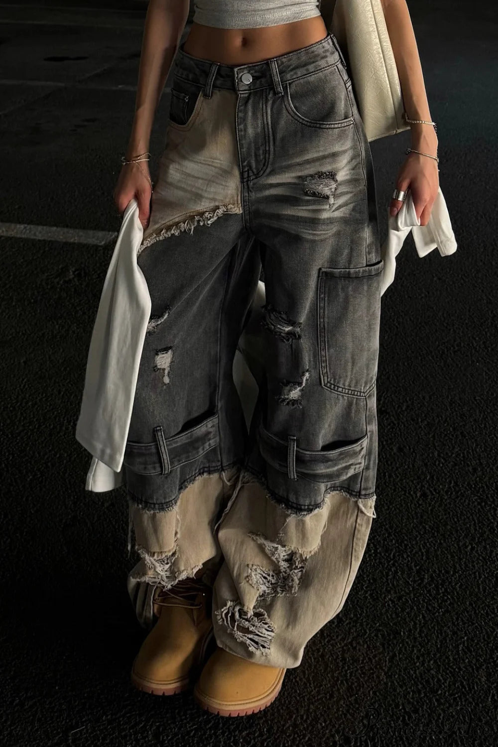 Distressed Patchwork Straight Wide Leg Jeans Blue / S