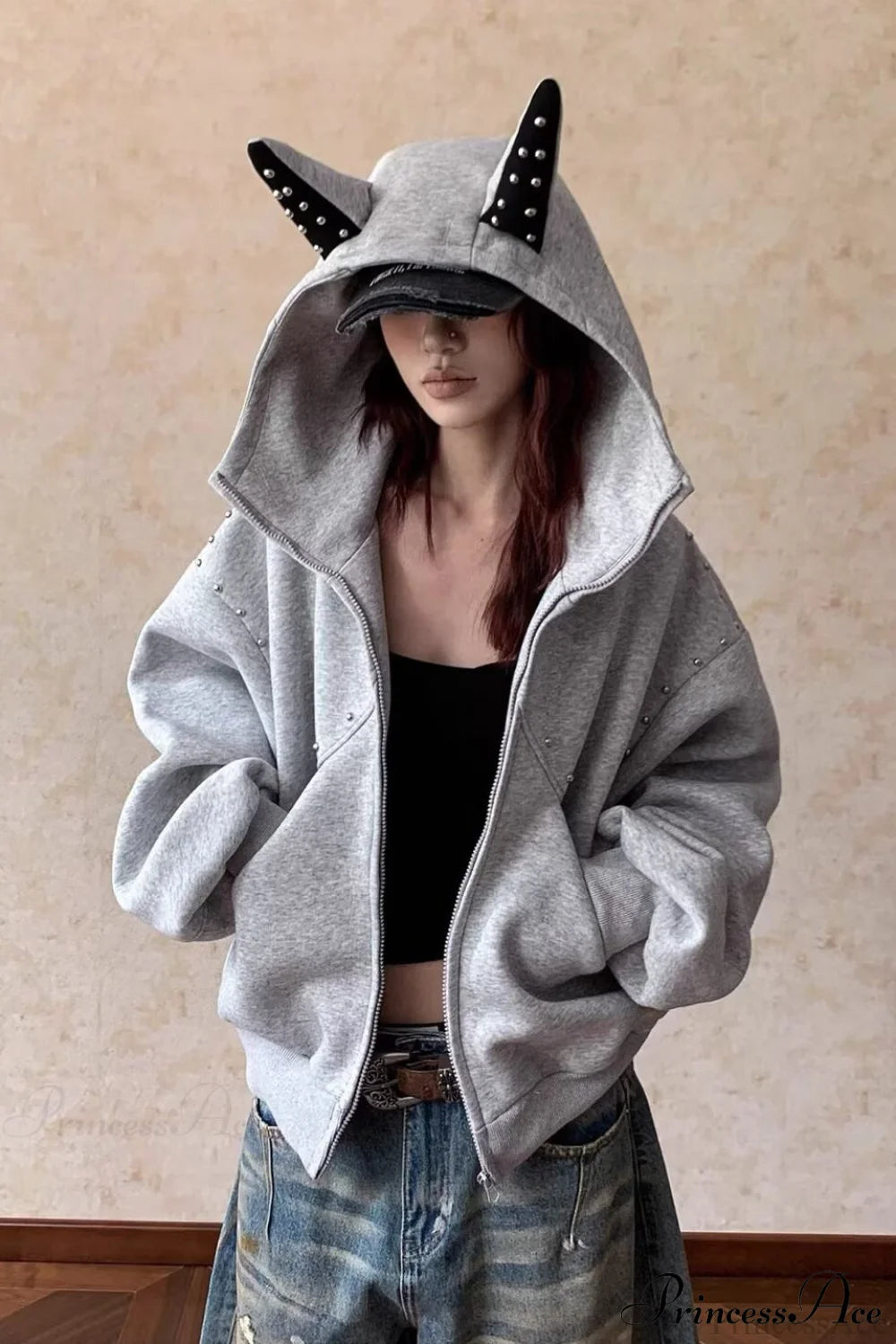 Doberman Ear Trimmed Rivet Patchwork Cropped Zip Hoodie Grey / M