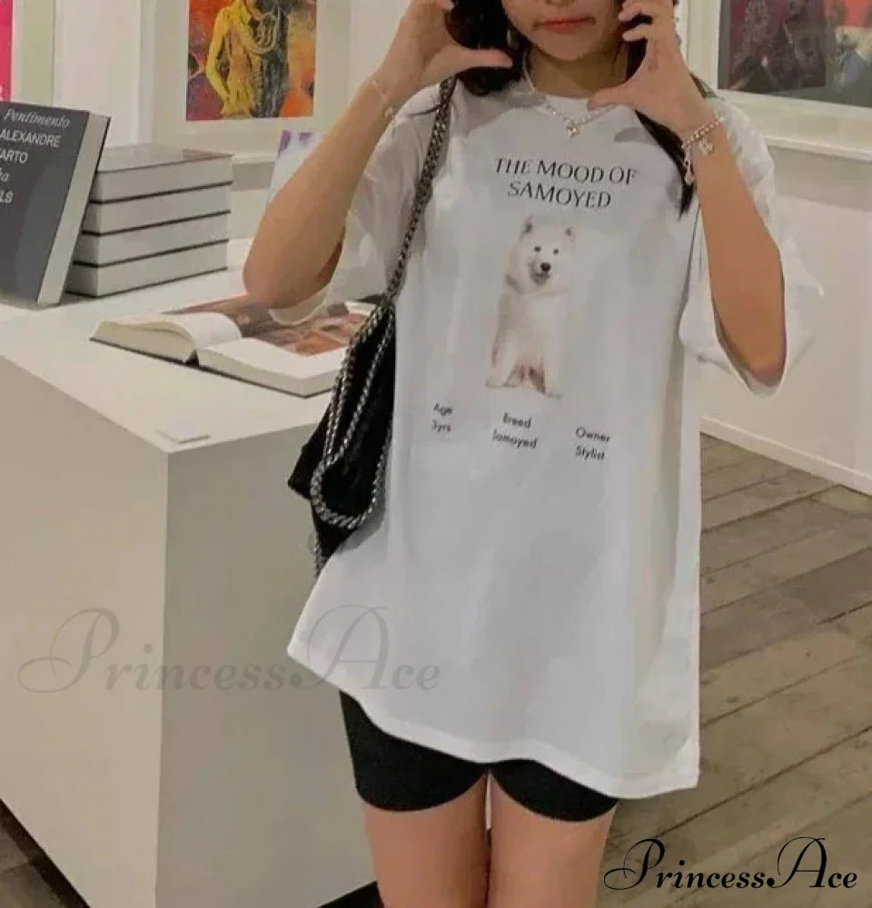 Dog And Letter Charming Print Graphic Tee Cotton Tees