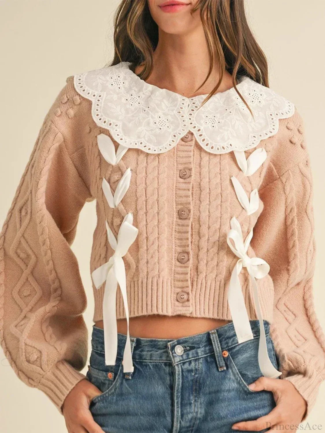 Doll Collar Tie-Up Long Sleeve Knit Cardigan pink / S