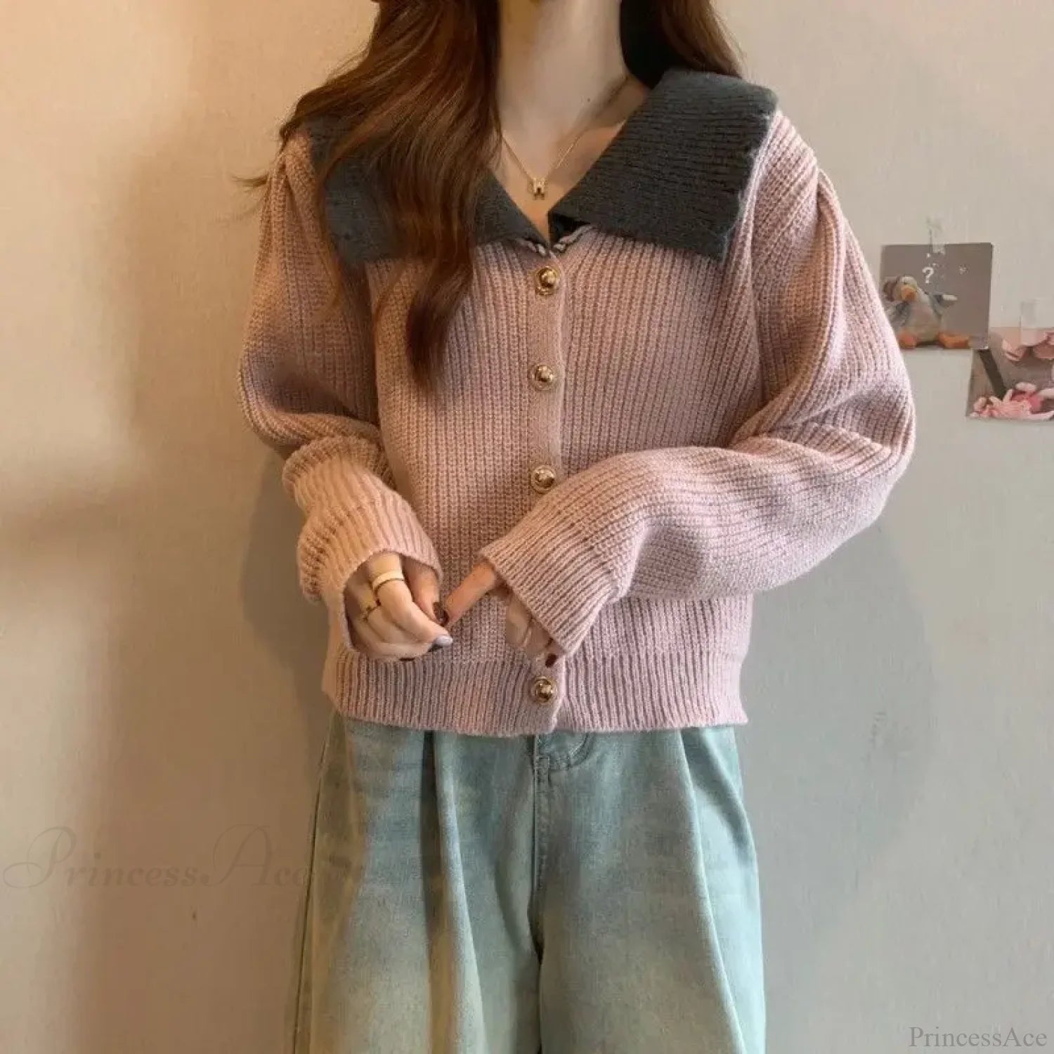 Doll Neck Single Breasted Loose Knit Cardigan cardiagn-250126