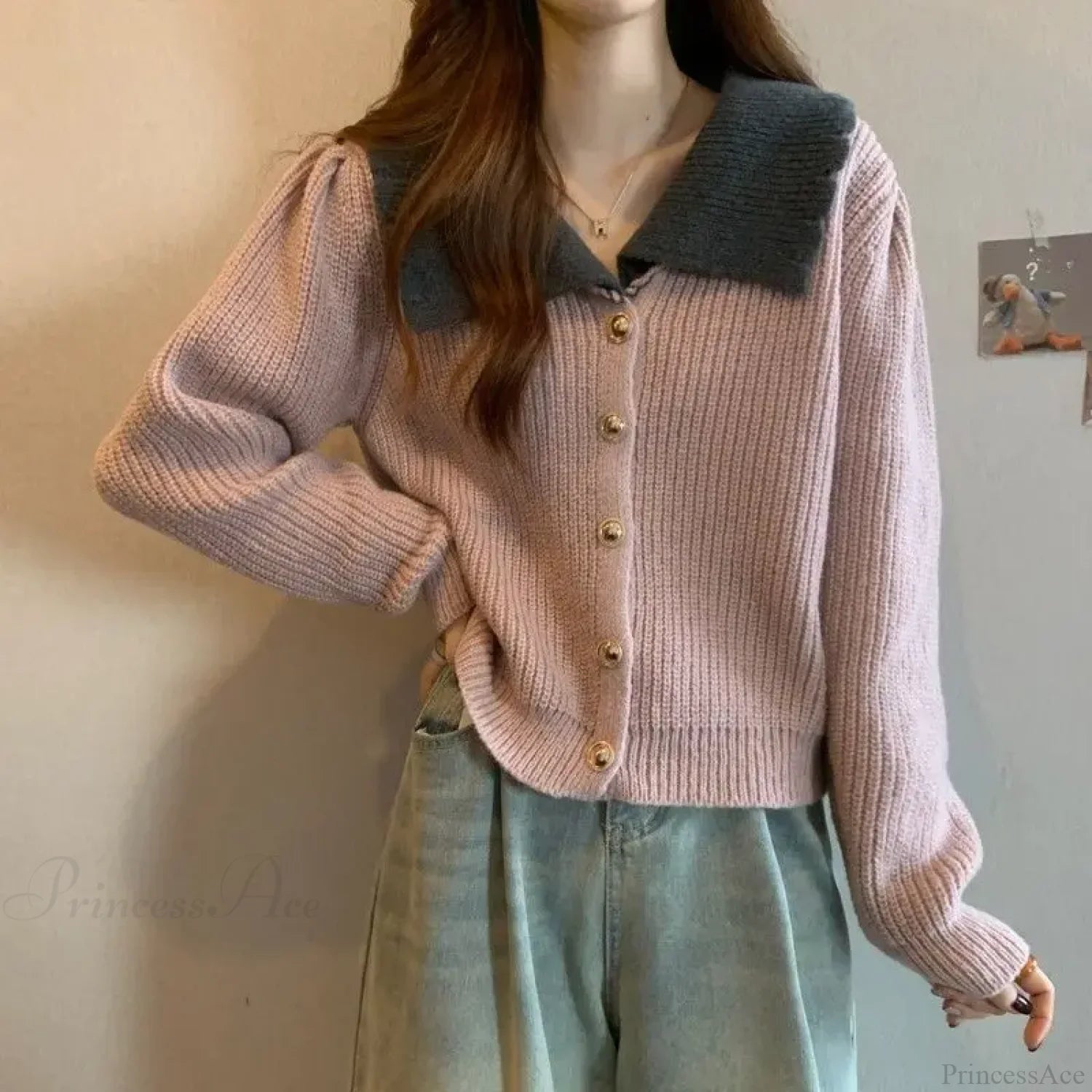 Doll Neck Single Breasted Loose Knit Cardigan Pink / One Size cardiagn-250126