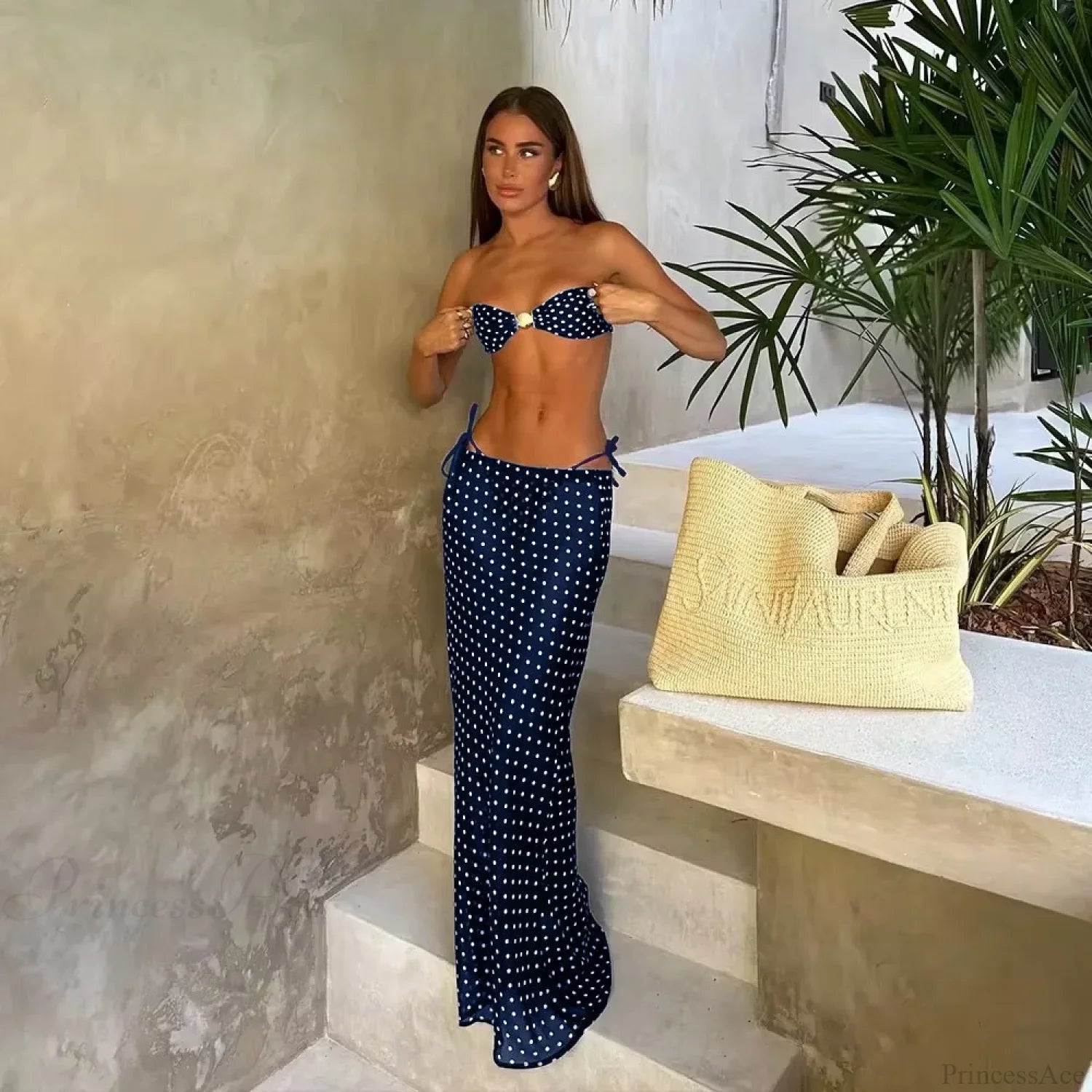 Dot Bandeau Skirt Three Piece Swimsuit blue / S