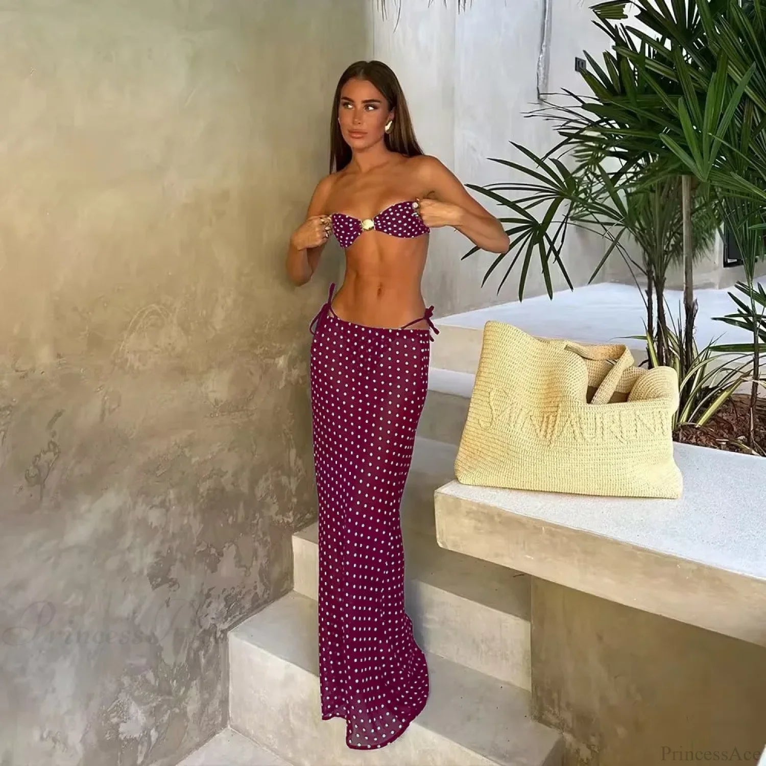 Dot Bandeau Skirt Three Piece Swimsuit red / S